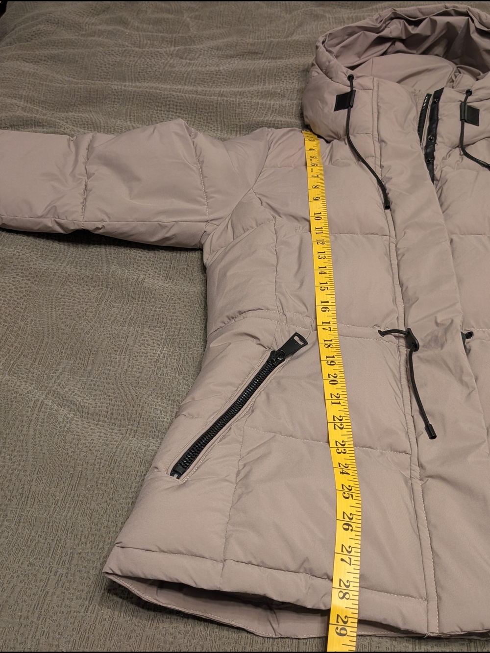 DKNY Taupe Hooded Puffer Jacket Coat Medium | Adjustable Waist Winter Parka - Picture 12 of 12